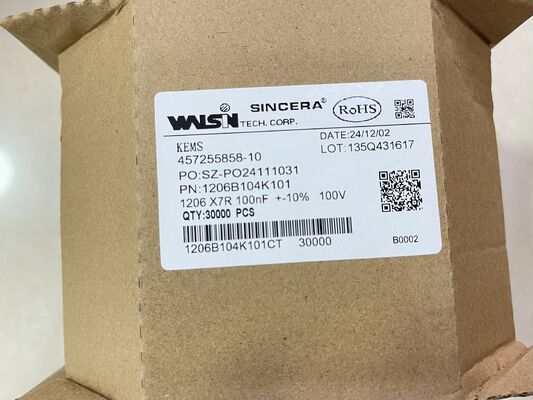 1206B104K101CT MLCC 1206 حالة X7R كهربائية معطلة 0.1μF ± 10% 100V مقياس ESR منخفض واسع -55 °C إلى + 125 °C مجموعة مثالية لفك الارتباط وتصفية الطاقة