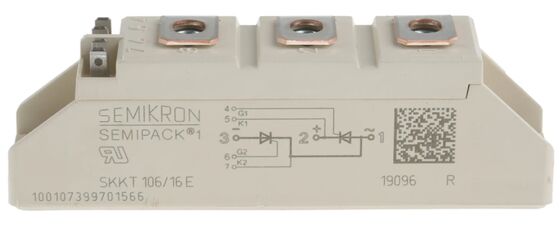 وحدة ثايرستور مزدوج SKKT106/16E 1600 فولت 106 أمبير، جهد أمامي منخفض 1.35 فولت، تيار اندفاع 2.4 كيلو أمبير، قاعدة سيراميك AlN، نقاط ضغط، SEMIPACK1 معزولة، معتمدة من UL للمبتدئات الناعمة والمحركات