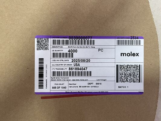 0039000077 طرف توصيل مجرفة نحاسي مطلي بالقصدير بقطر 2.36 مم، إنهاء بالكبس غير معزول، تصنيف 16-14 AWG، 600 فولت، تيار 20 أمبير، تغليف بكرة للأسلاك السيارات والصناعية